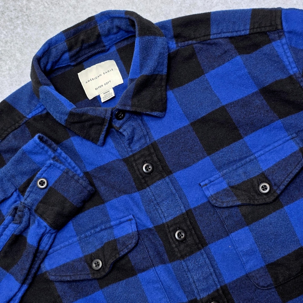 American Eagle Super Soft Flannel Shirt Men's Medium Blue Black Buffalo Plaid